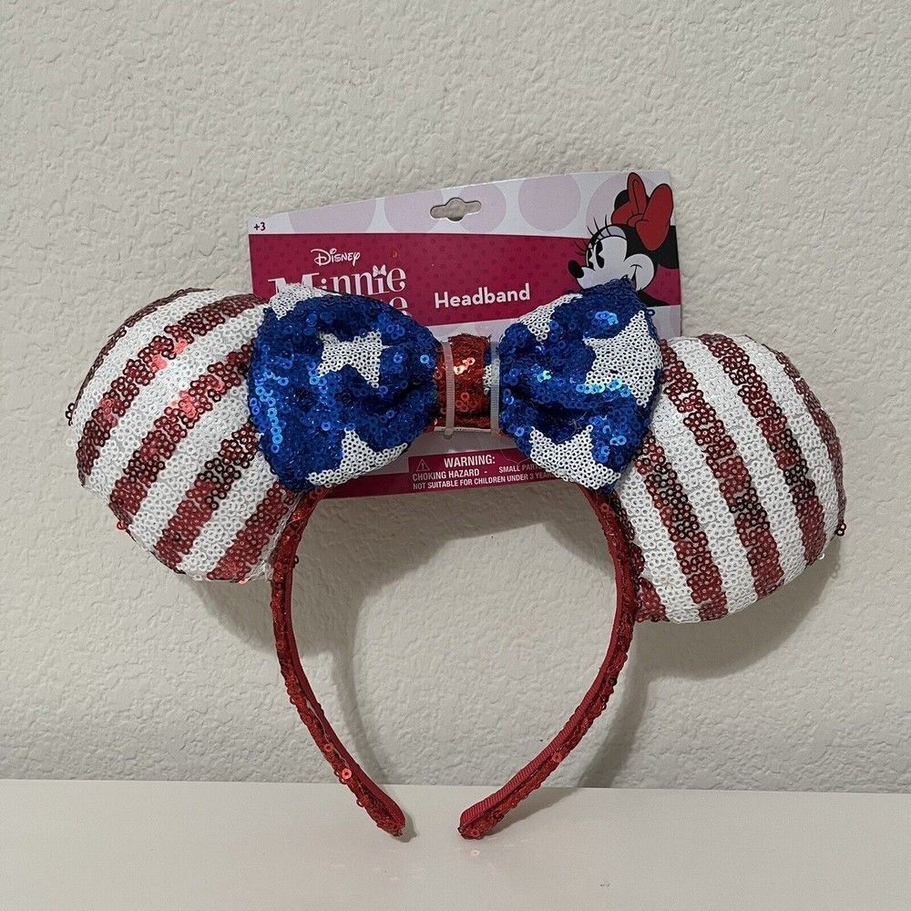 Disney Minnie Mouse Sequin Patriotic Ears Headband Red White Blue Star Stripes
